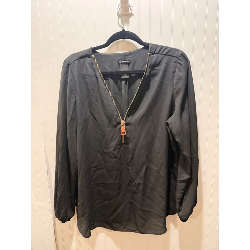 New Directions Womens Black‎ Long Sleeve Zipper V-Neck Blouse Top Size Large